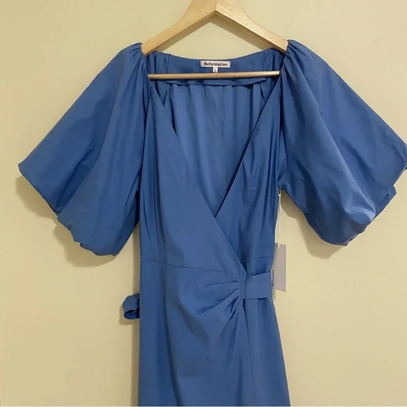 Reformation “Olea” Puff Sleeve Wrap Dress in Dusk Blue – Size Large (NWT) - Picture 10 of 14